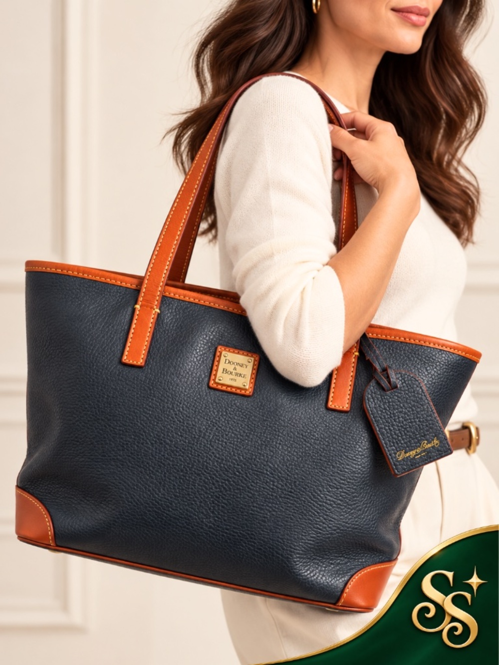 Tote Bag Dooney & Bourke Navy Blue Pebbled Leather British Tan Large